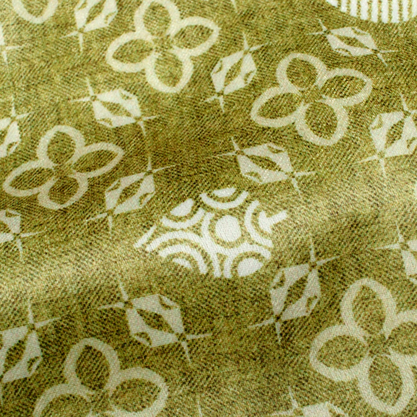 Moss Green And Off White Traditional Pattern Digital Print Lush Satin Fabric