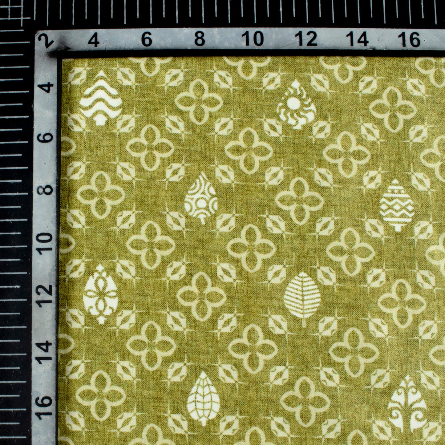 Moss Green And Off White Traditional Pattern Digital Print Lush Satin Fabric