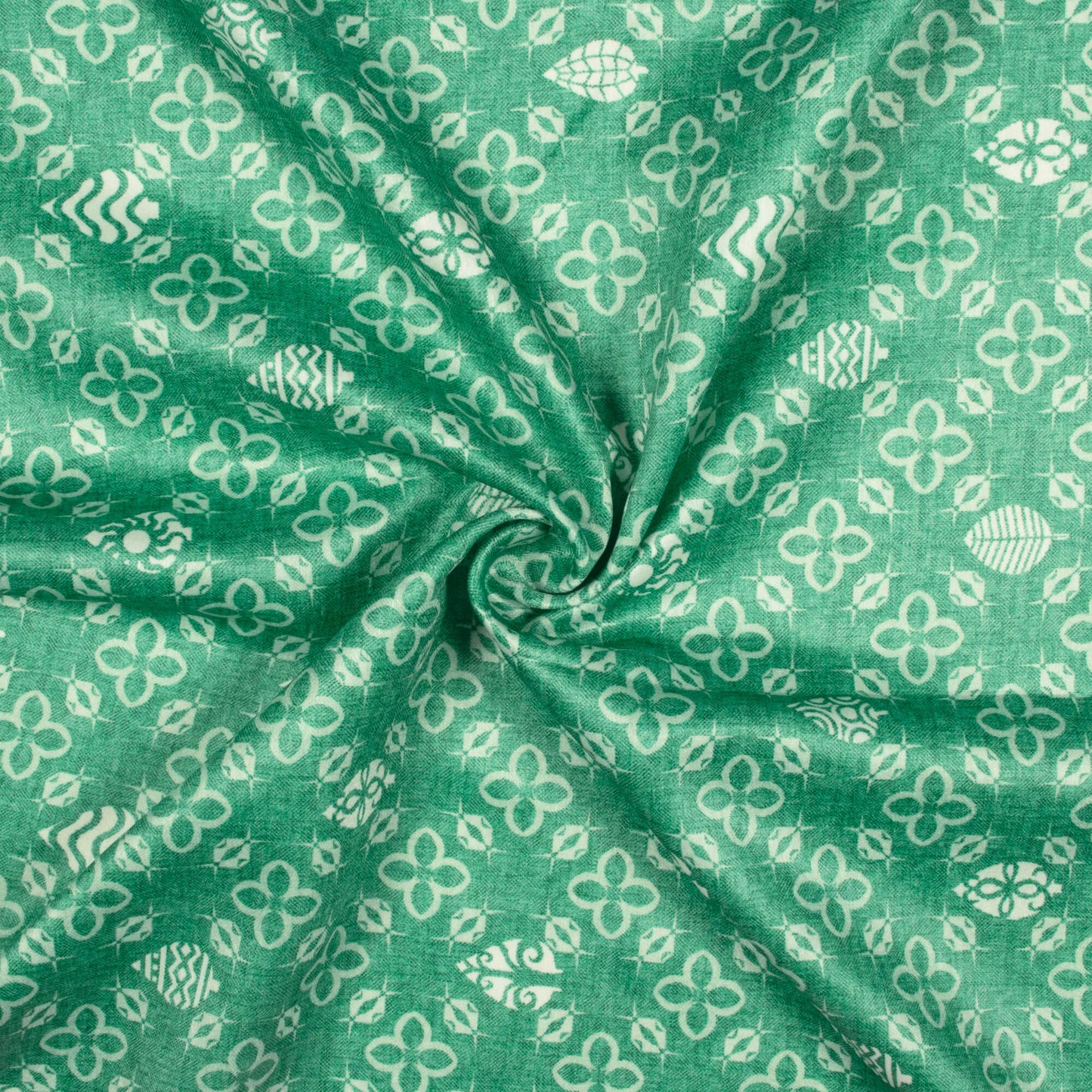 Sea Green And Off White Traditional Pattern Digital Print Lush Satin Fabric