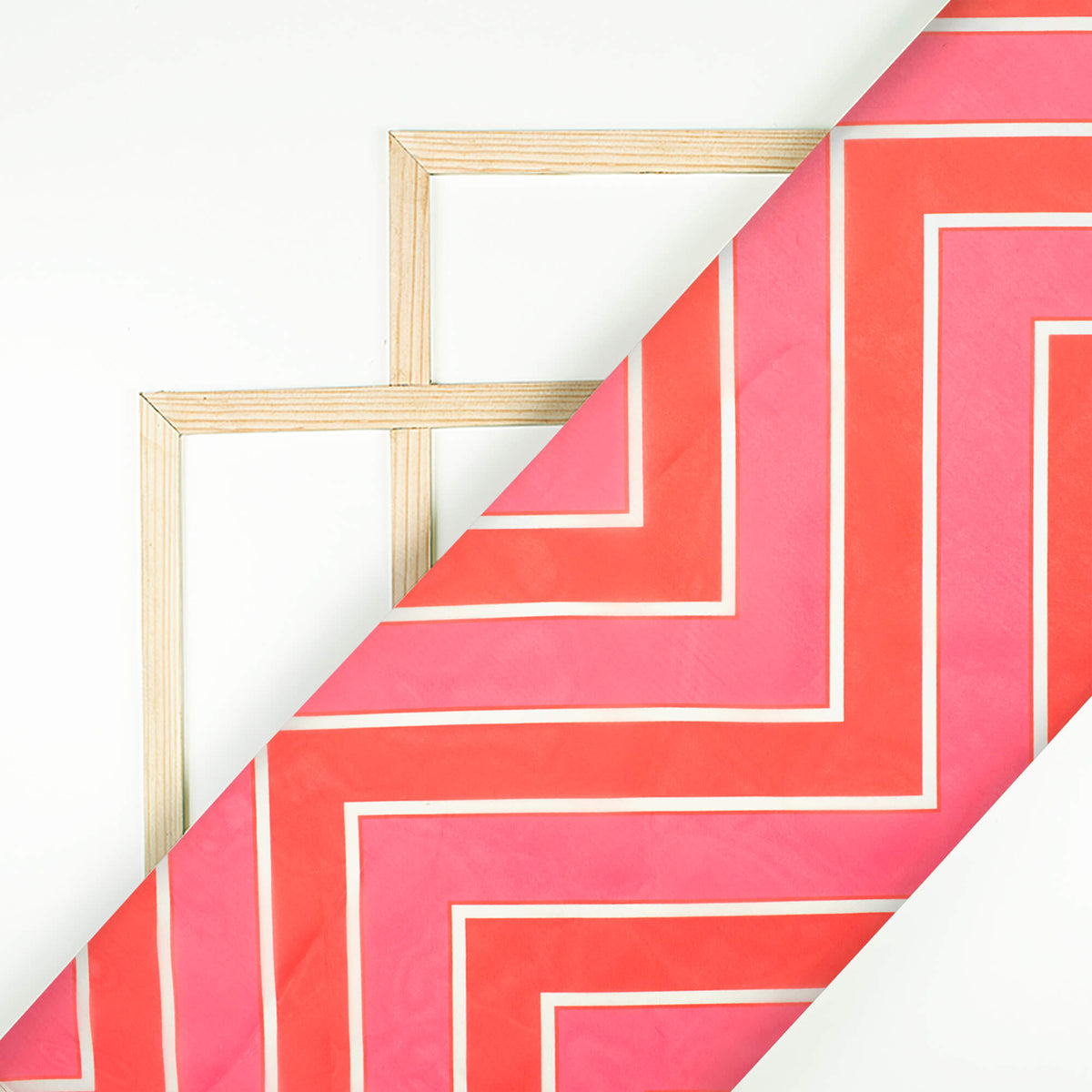 Cerise Pink And White Chevron Pattern Digital Print Organza Satin Fabric