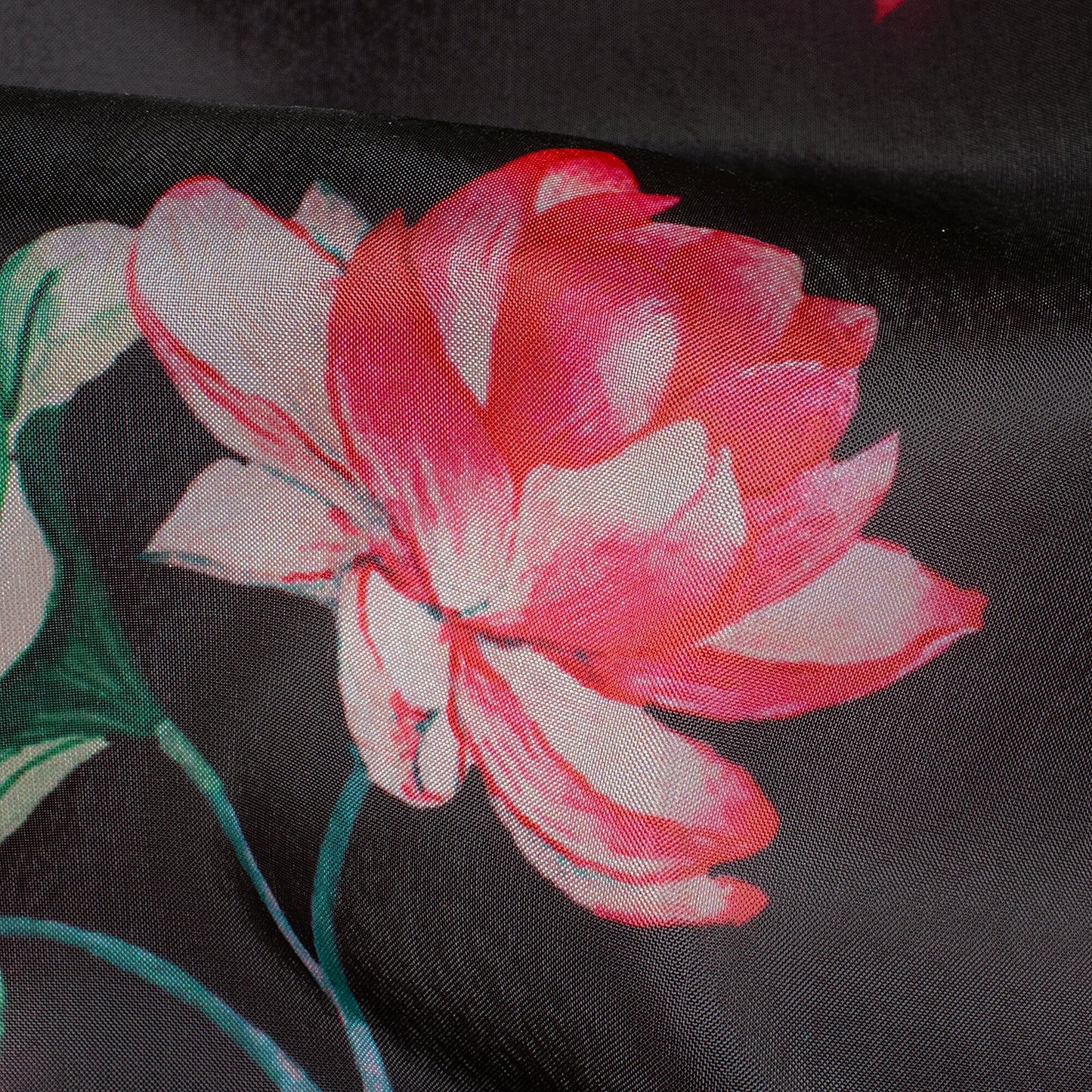 Black And Watermelon Pink Floral Pattern Digital Print Organza Satin Fabric