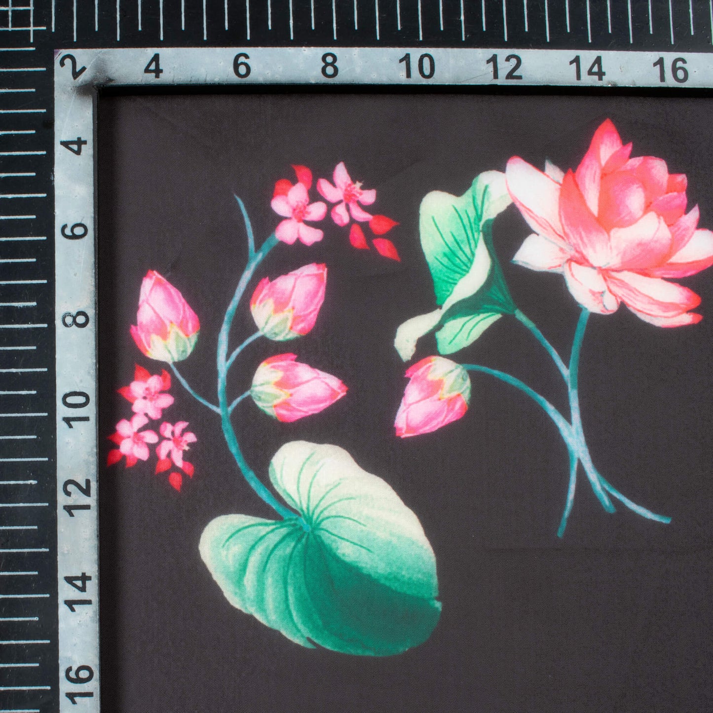 Black And Watermelon Pink Floral Pattern Digital Print Organza Satin Fabric
