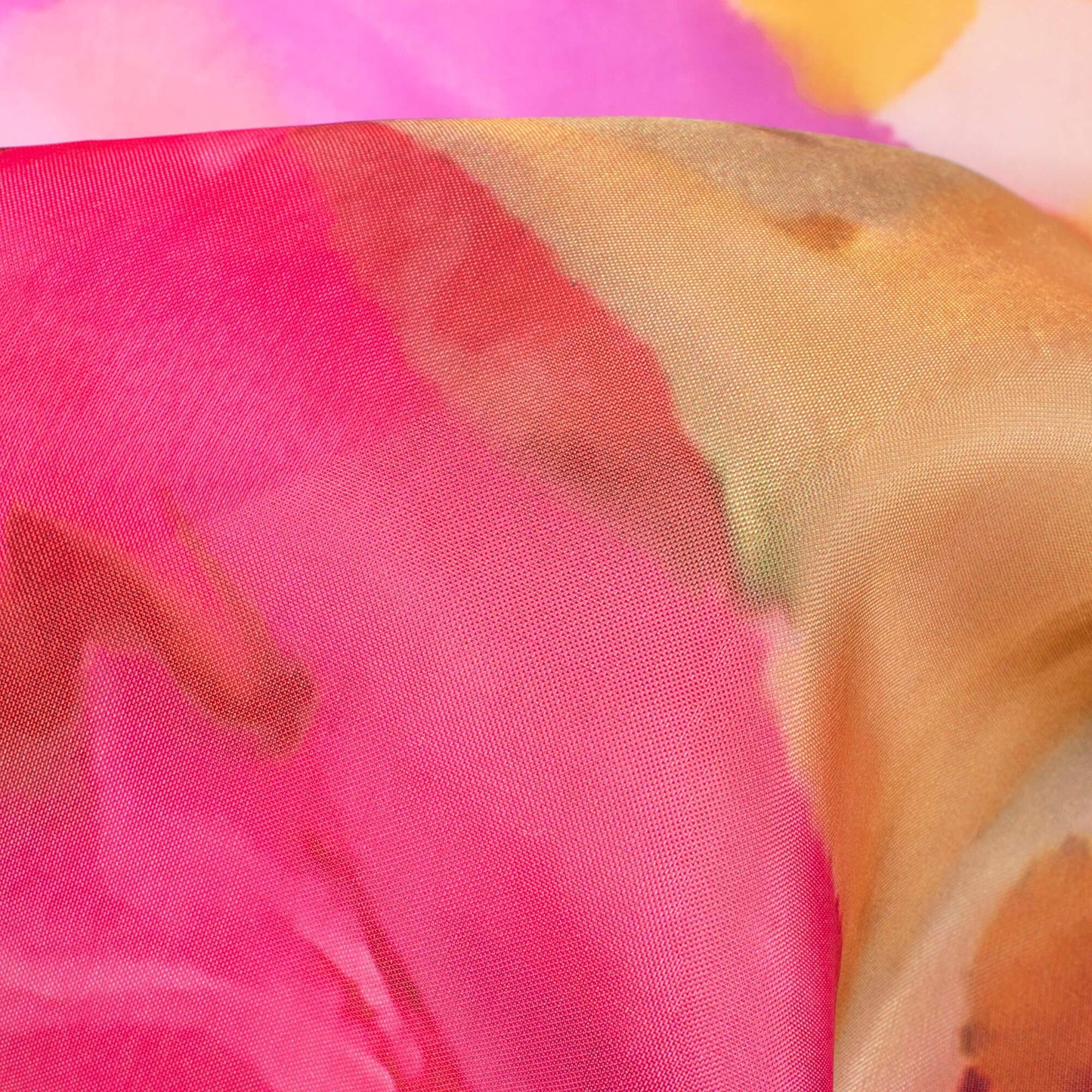 (Cut Piece 0.6 Mtr) Bubble Gum Pink And Orange Abstract Pattern Digital Print Premium Liquid Organza Fabric
