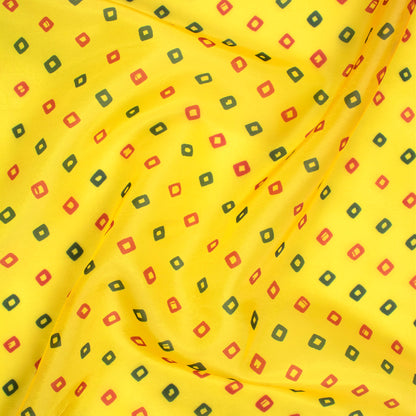 Lemon Yellow And Red Bandhanii Pattern Digital Print Organza Satin Fabric