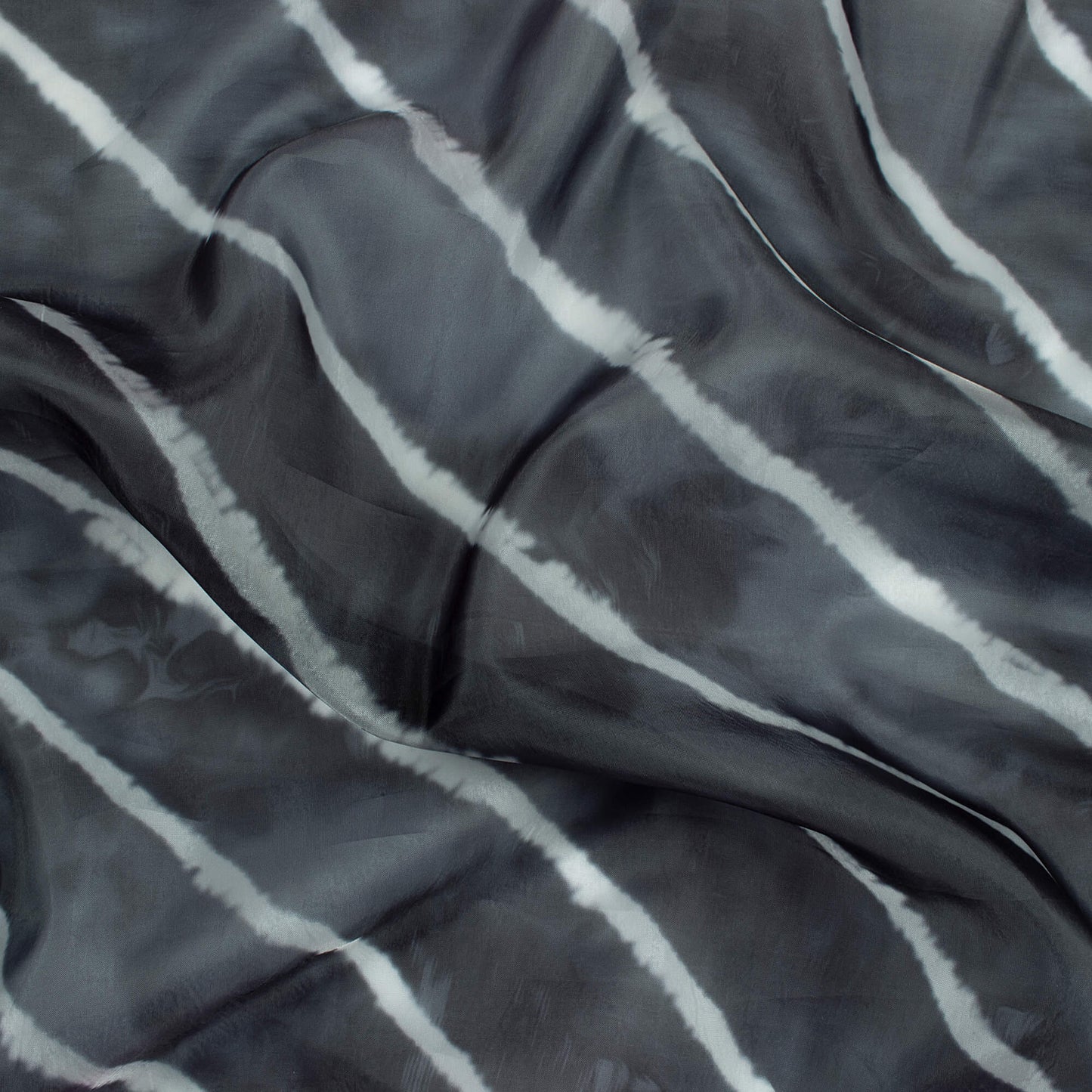 Black And White Leheriya Pattern Digital Print Organza Satin Fabric