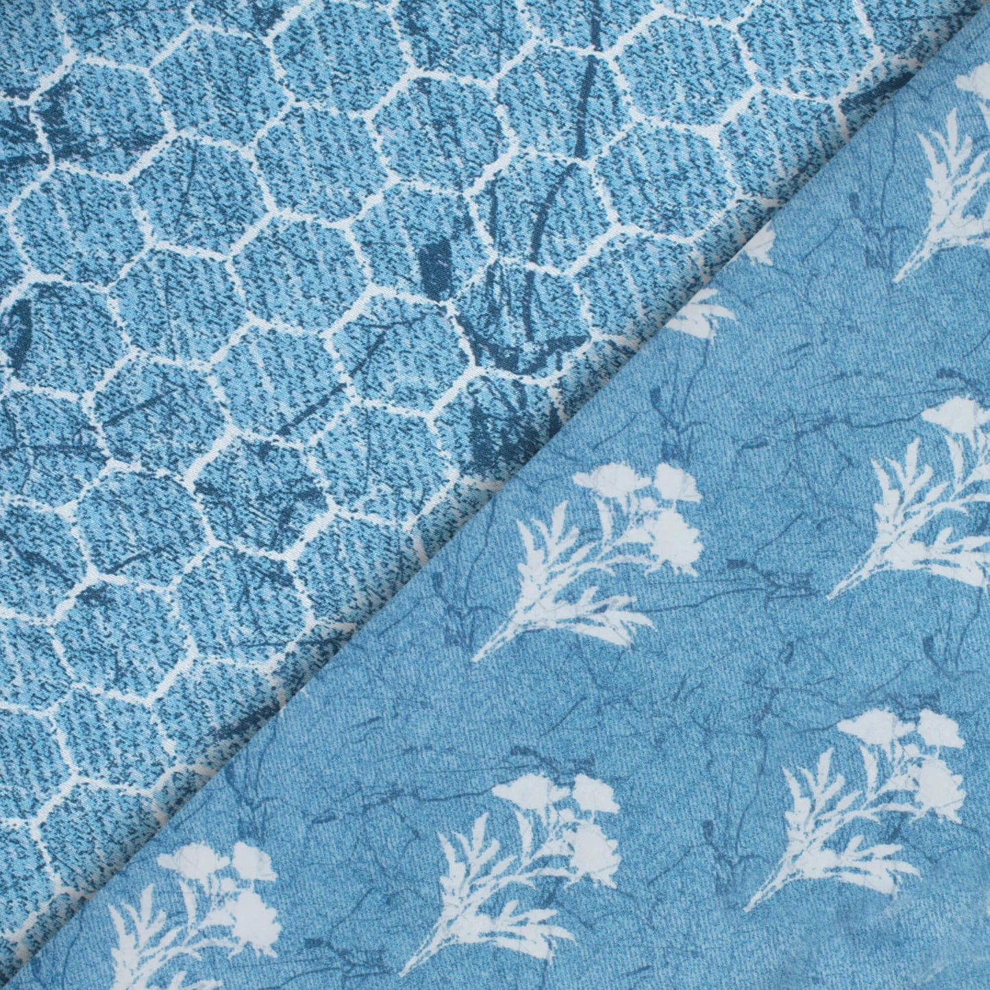 Carolina Blue And White Floral Pattern Digital Print Crepe Silk Fabric