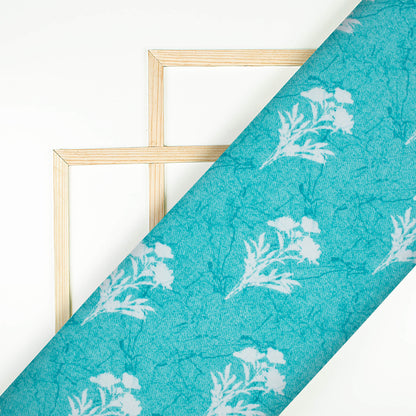 Electric Blue And White Floral Pattern Digital Print Crepe Silk Fabric