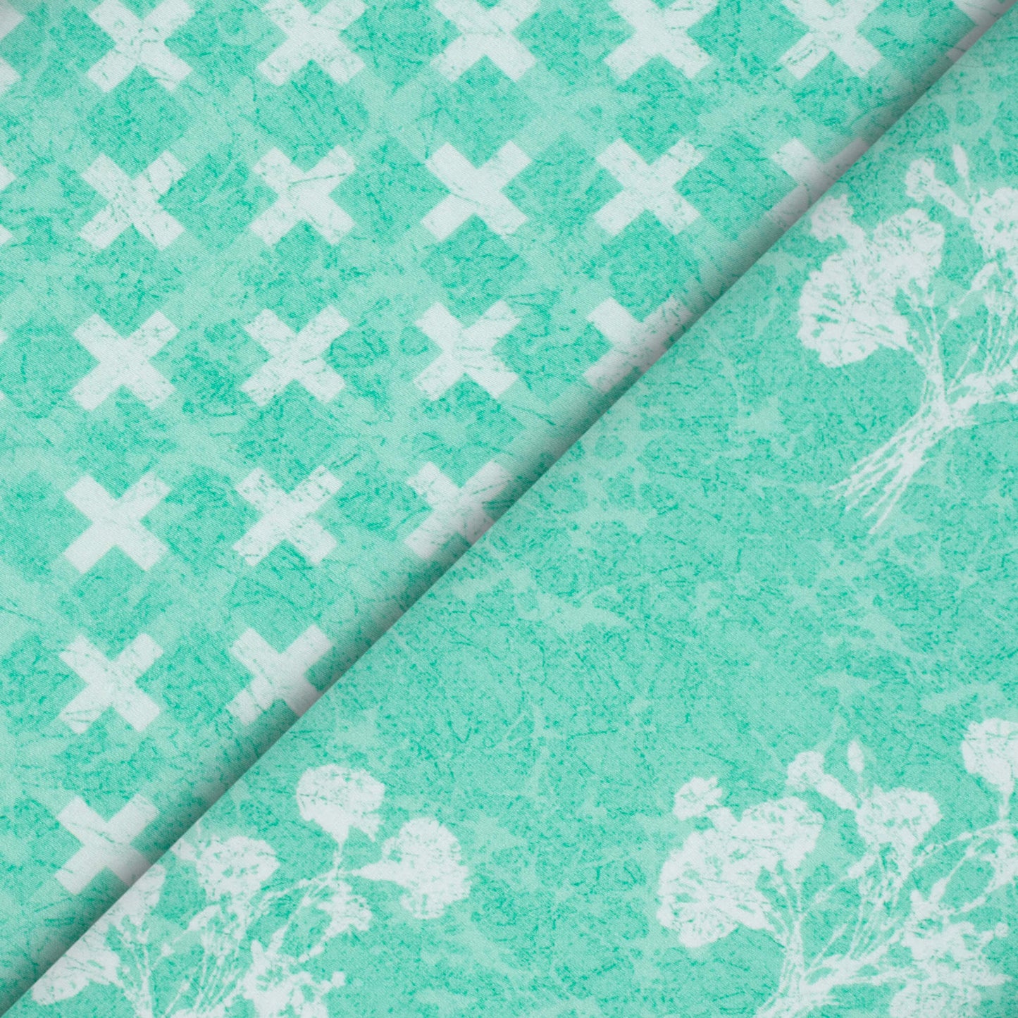 Mint Green And White Geometric Pattern Digital Print Crepe Silk Fabric