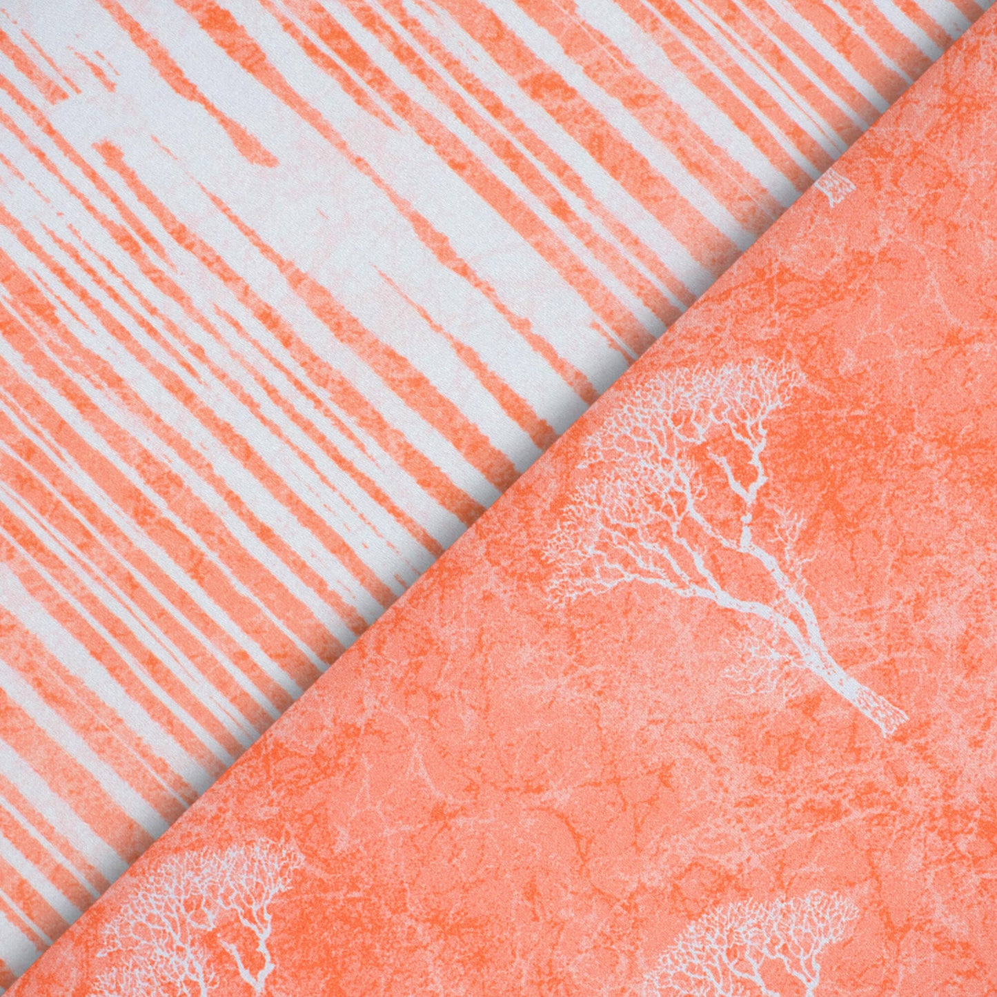 Coral Peach And White Abstract Pattern Digital Print Crepe Silk Fabric