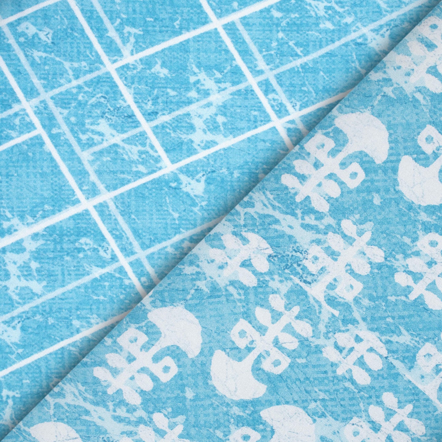 Sky Blue And White Geometric Pattern Digital Print Crepe Silk Fabric