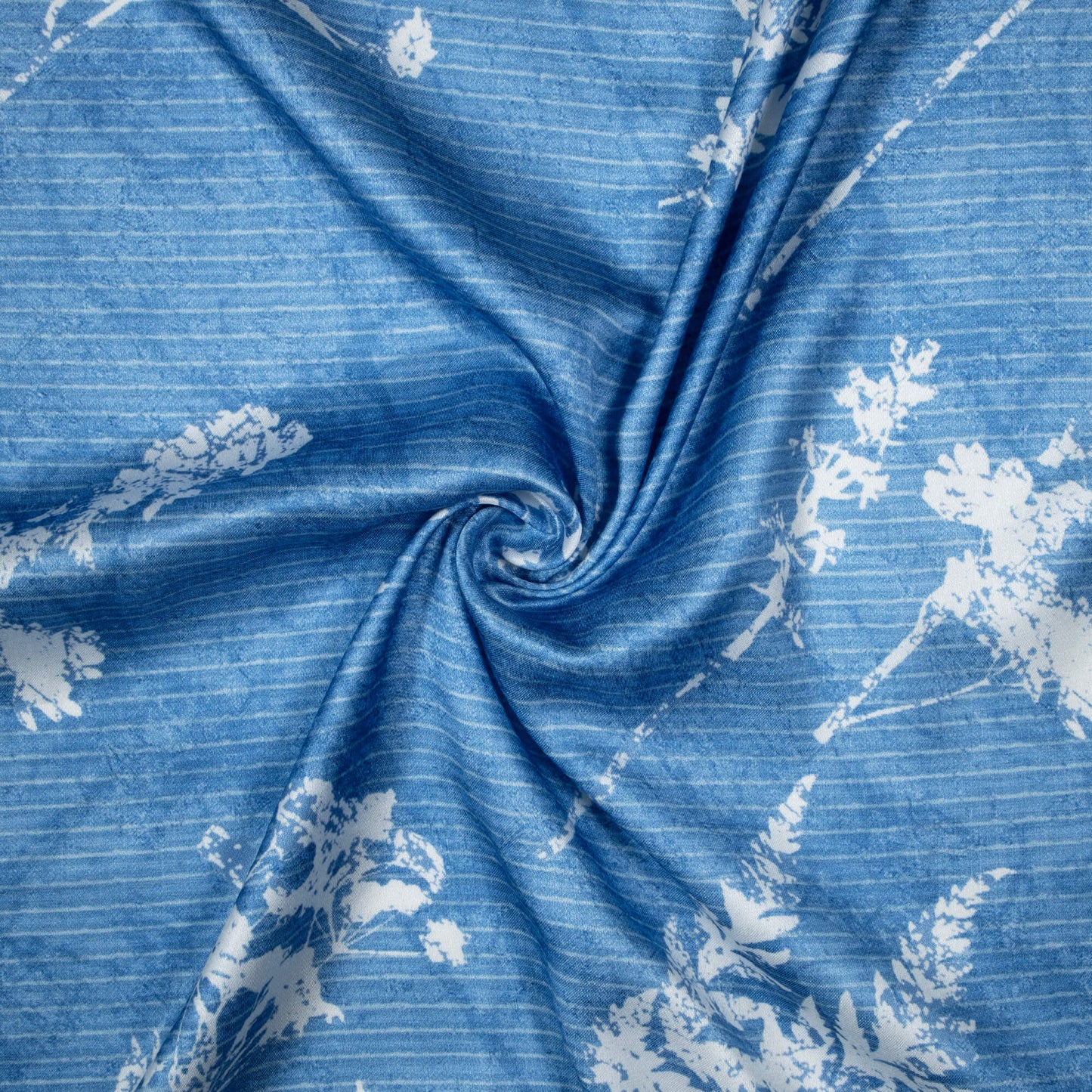 Regal Blue And White Leaf Pattern Digital Print Crepe Silk Fabric