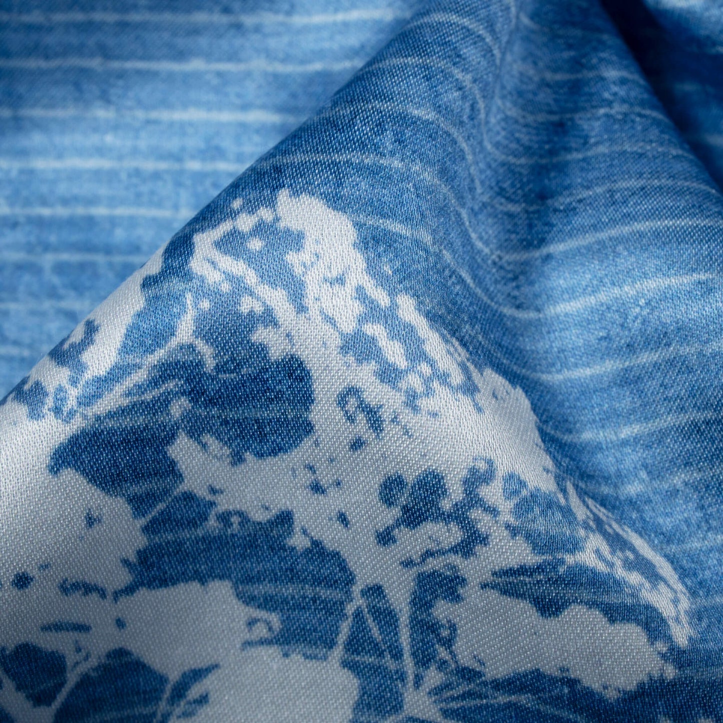 Regal Blue And White Leaf Pattern Digital Print Crepe Silk Fabric