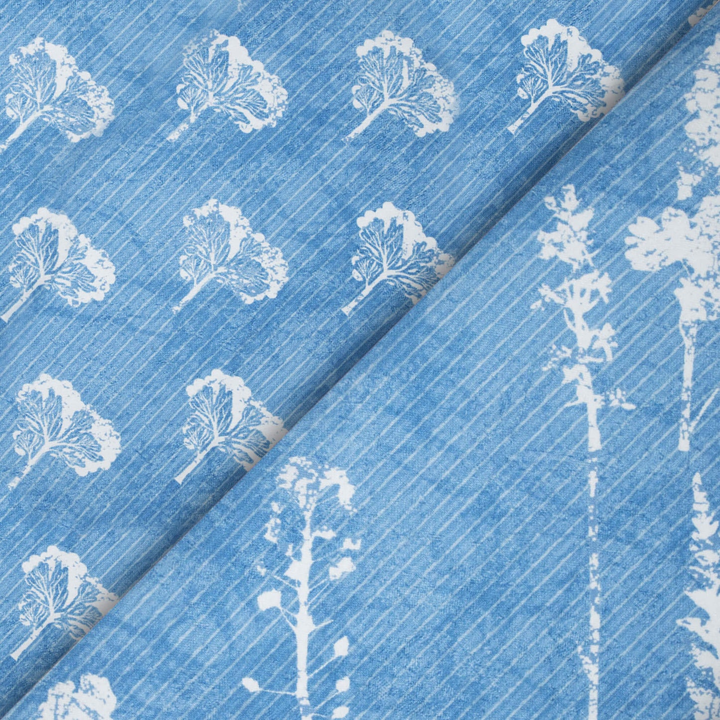 Regal Blue And White Leaf Pattern Digital Print Crepe Silk Fabric