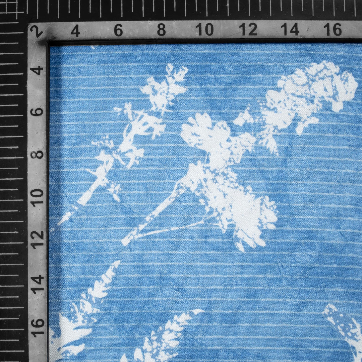 Regal Blue And White Leaf Pattern Digital Print Crepe Silk Fabric