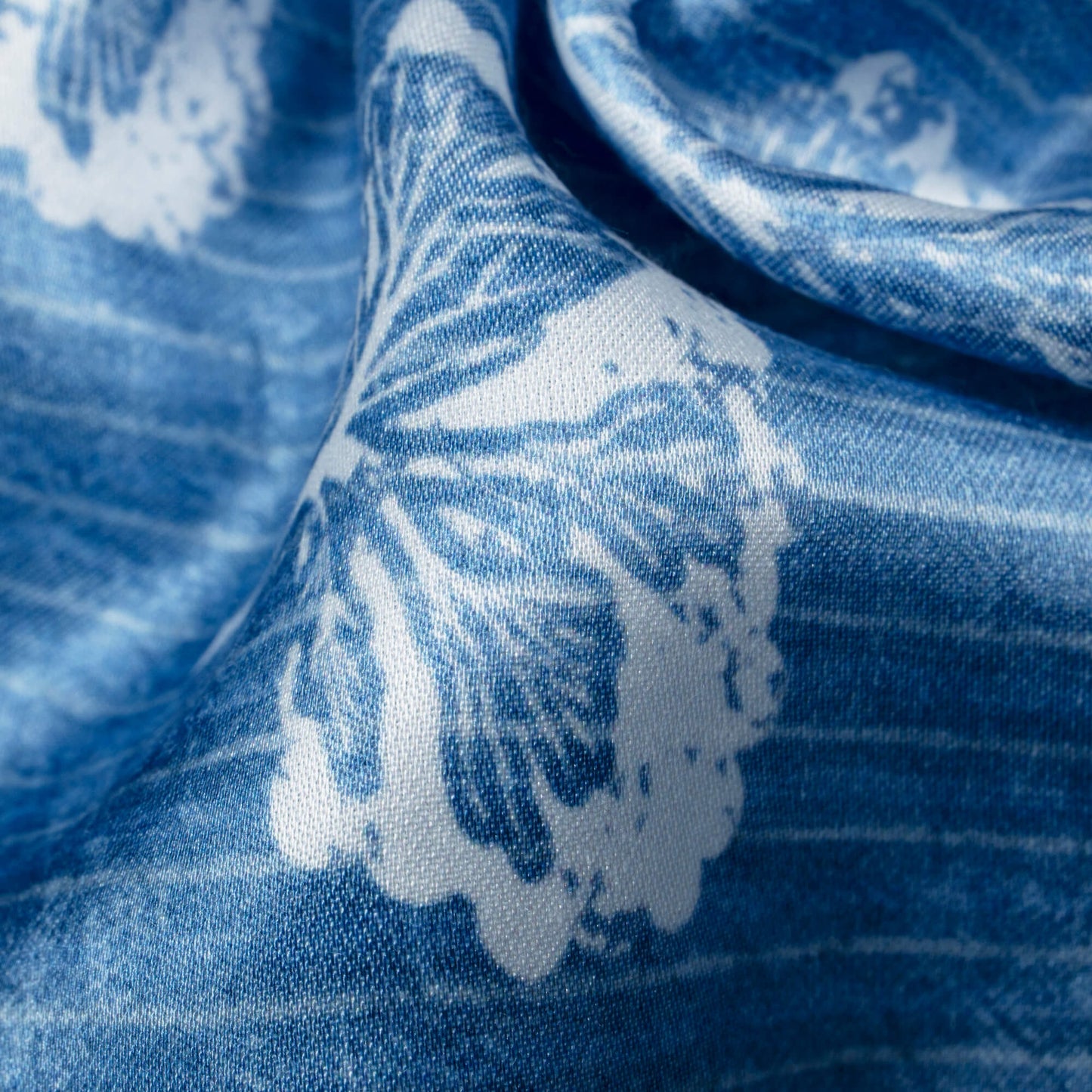 Regal Blue And White Floral Pattern Digital Print Crepe Silk Fabric