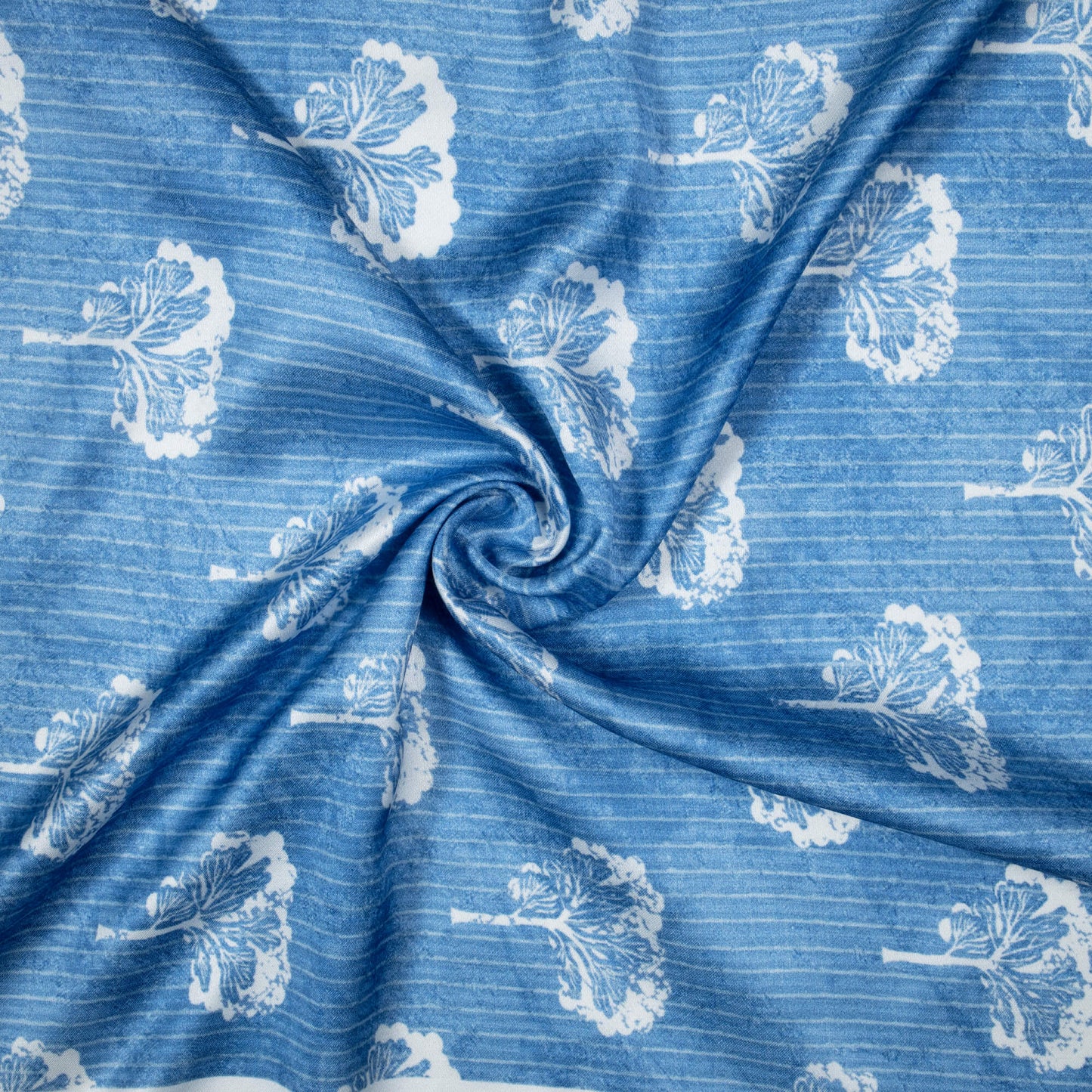 Regal Blue And White Floral Pattern Digital Print Crepe Silk Fabric