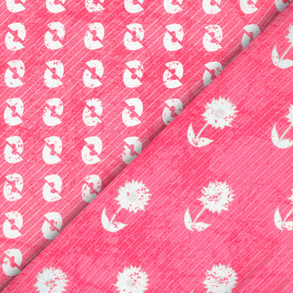 Hot Pink And White Floral Pattern Digital Print Crepe Silk Fabric
