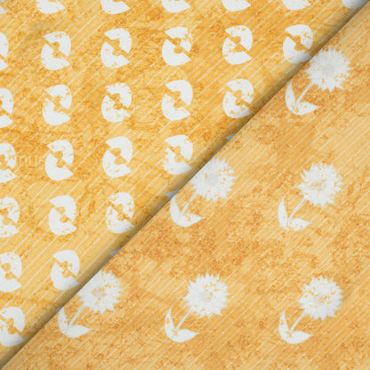 Dijon Yellow And White Quirky Pattern Digital Print Crepe Silk Fabric