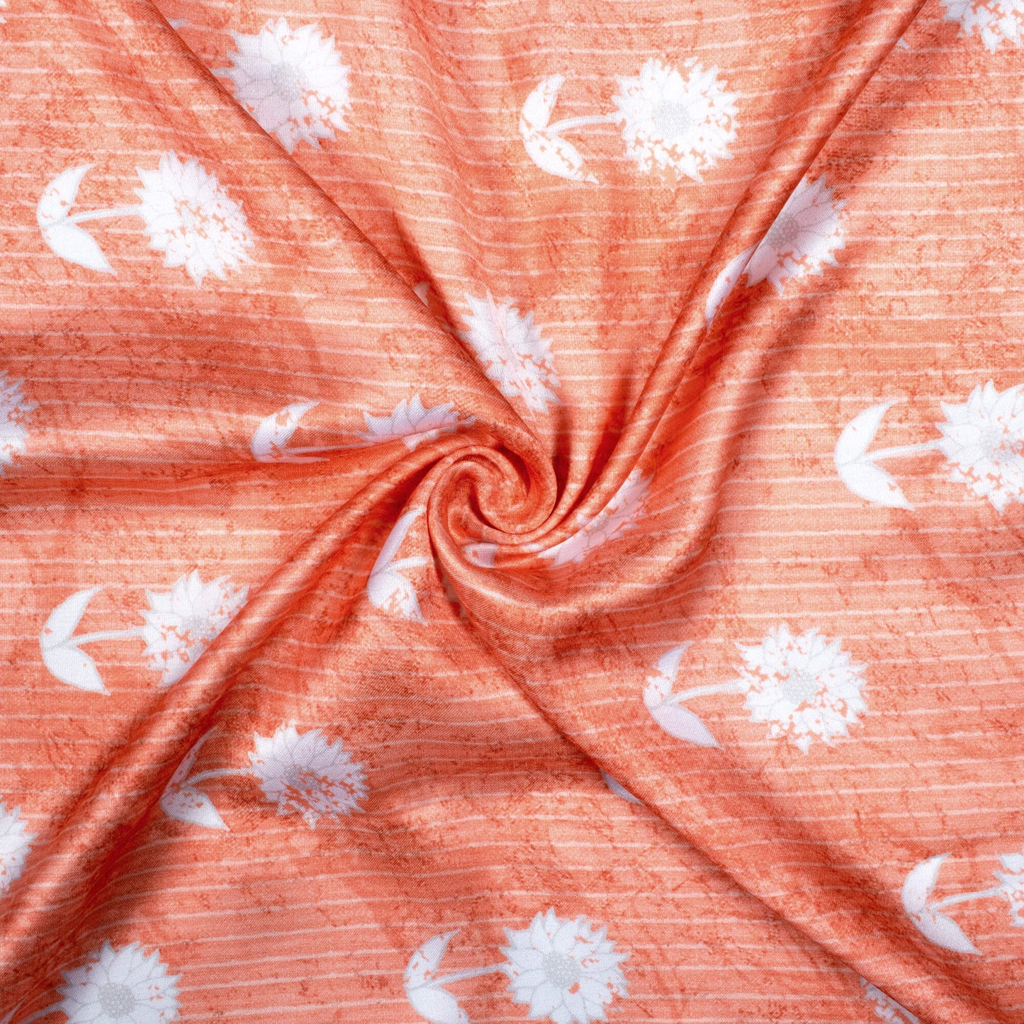 Coral Peach And White Floral Pattern Digital Print Crepe Silk Fabric