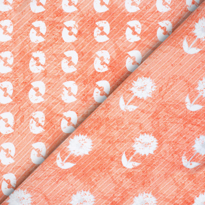 Coral Peach And White Floral Pattern Digital Print Crepe Silk Fabric