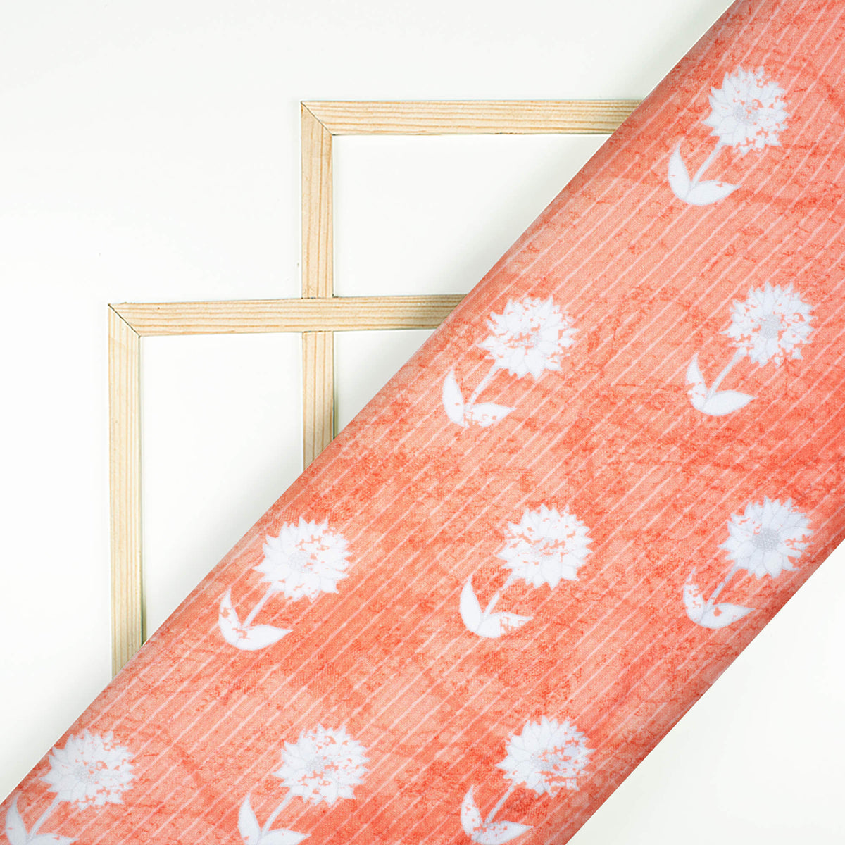 Coral Peach And White Floral Pattern Digital Print Crepe Silk Fabric