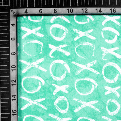 Turquoise And White Quirky Pattern Digital Print Crepe Silk Fabric