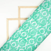 Turquoise And White Quirky Pattern Digital Print Crepe Silk Fabric
