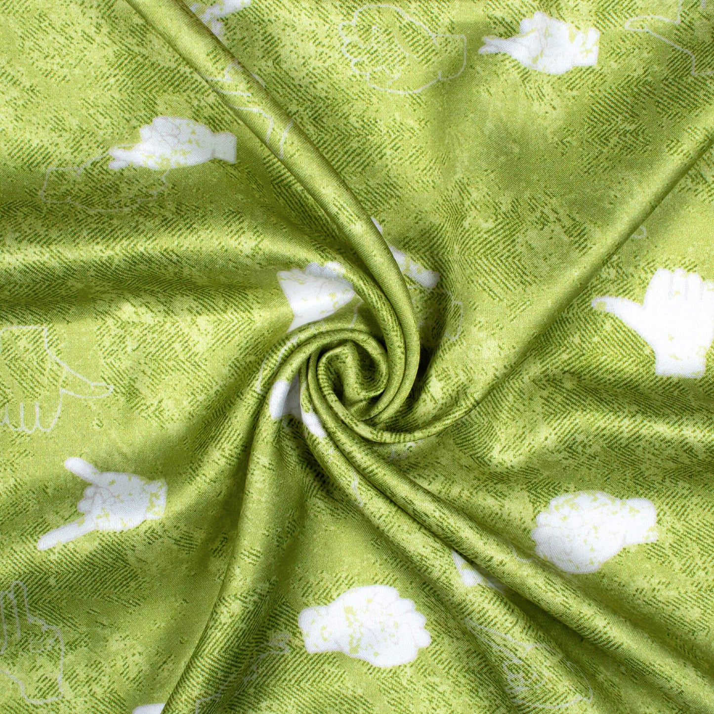 Olive Green And White Quirky Pattern Digital Print Crepe Silk Fabric