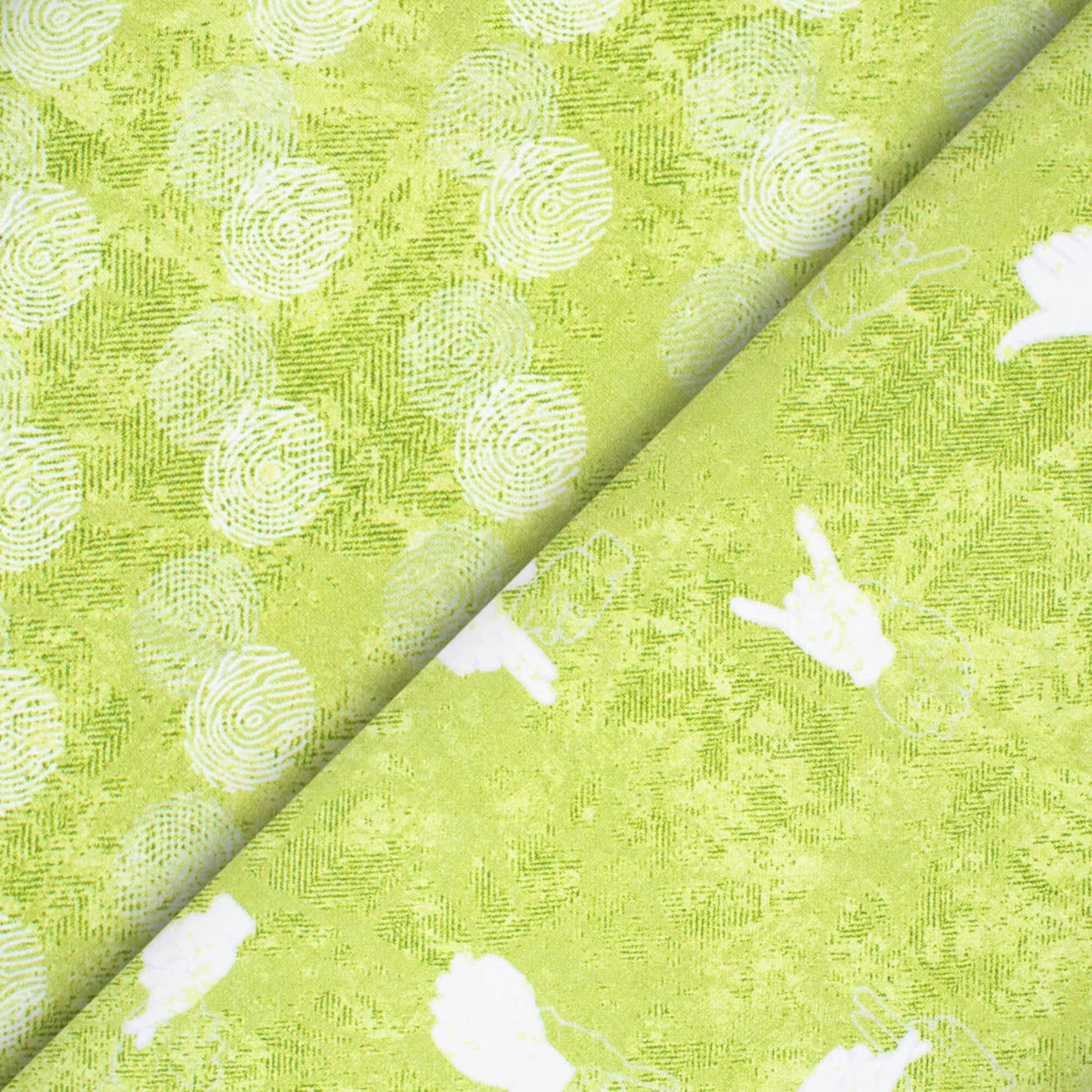 Olive Green And White Quirky Pattern Digital Print Crepe Silk Fabric