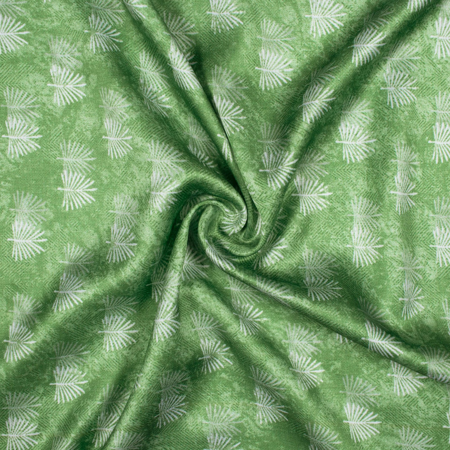 Fern Green And White Leaf Pattern Digital Print Crepe Silk Fabric