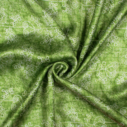 Fern Green And White Floral Pattern Digital Print Crepe Silk Fabric