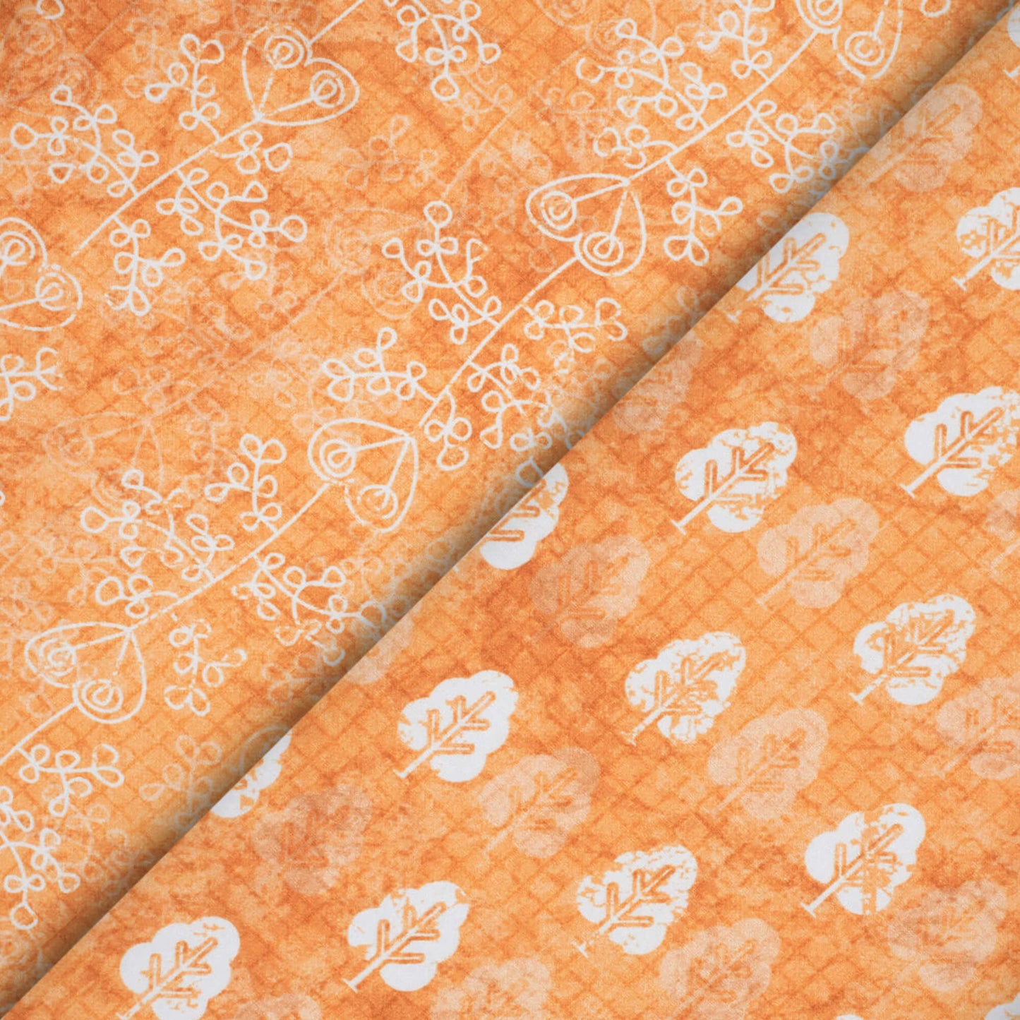 Ochre Orange And White Floral Pattern Digital Print Crepe Silk Fabric