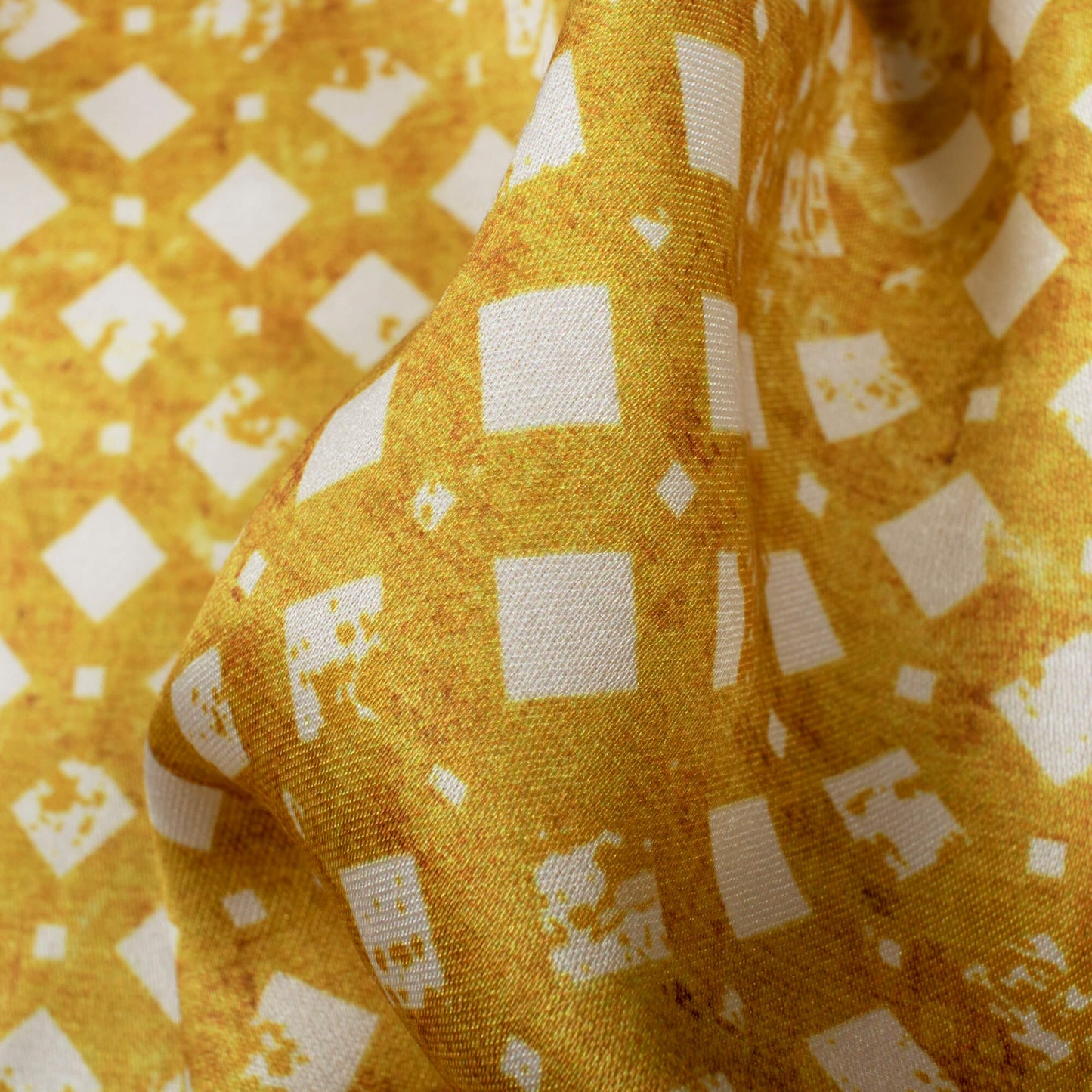 Mustard Yellow And White Geometric Pattern Digital Print Crepe Silk Fabric