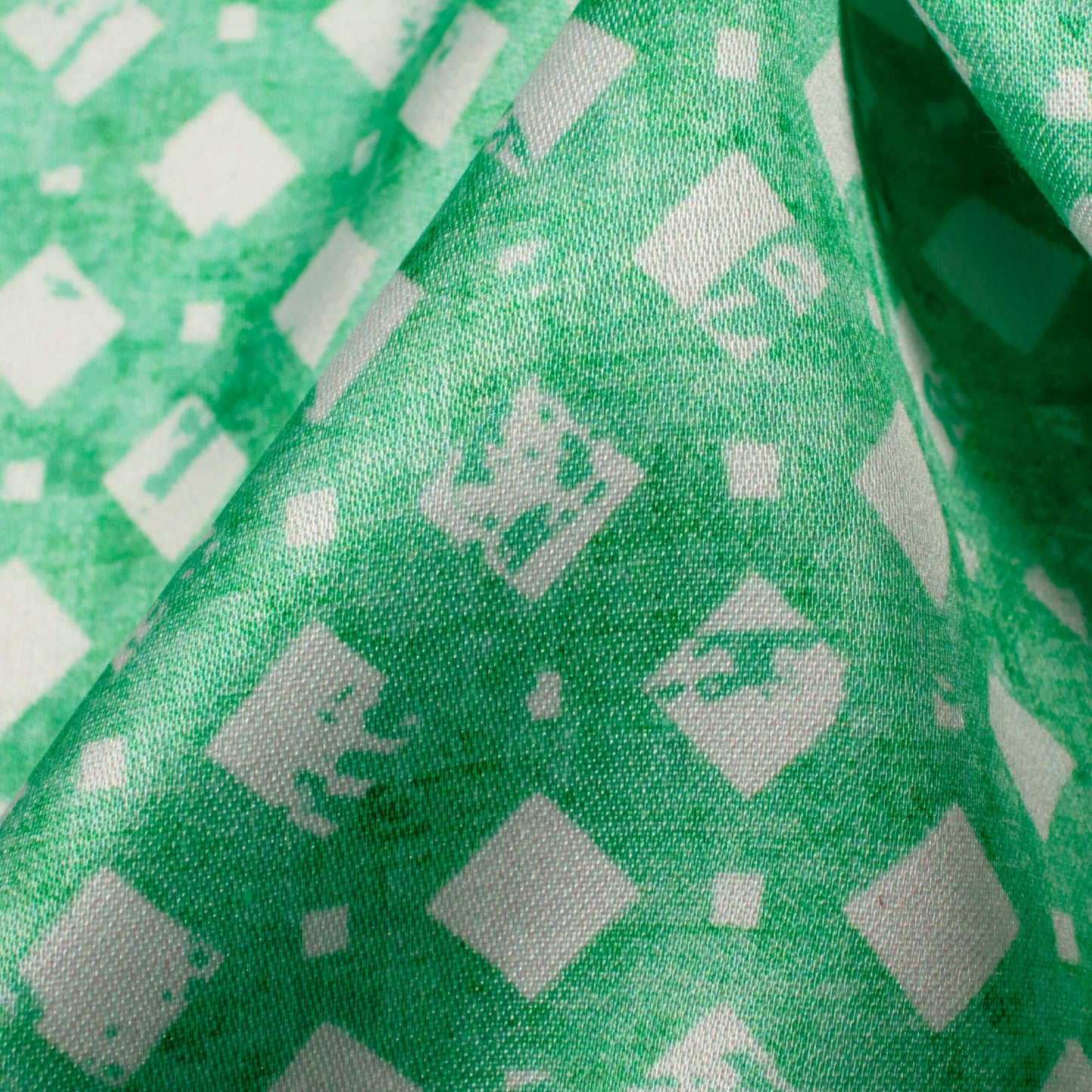 Mint Green And White Geometric Pattern Digital Print Crepe Silk Fabric