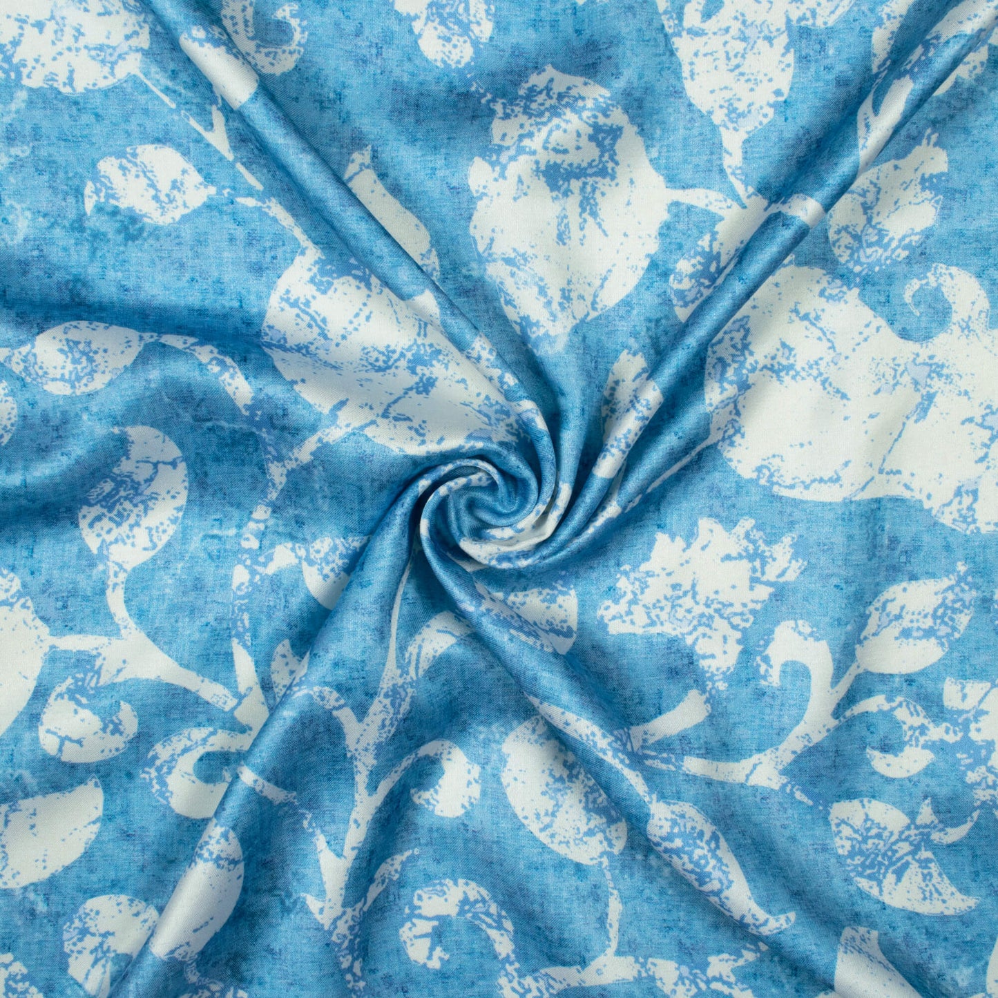 Steel Blue And White Floral Pattern Digital Print Crepe Silk Fabric