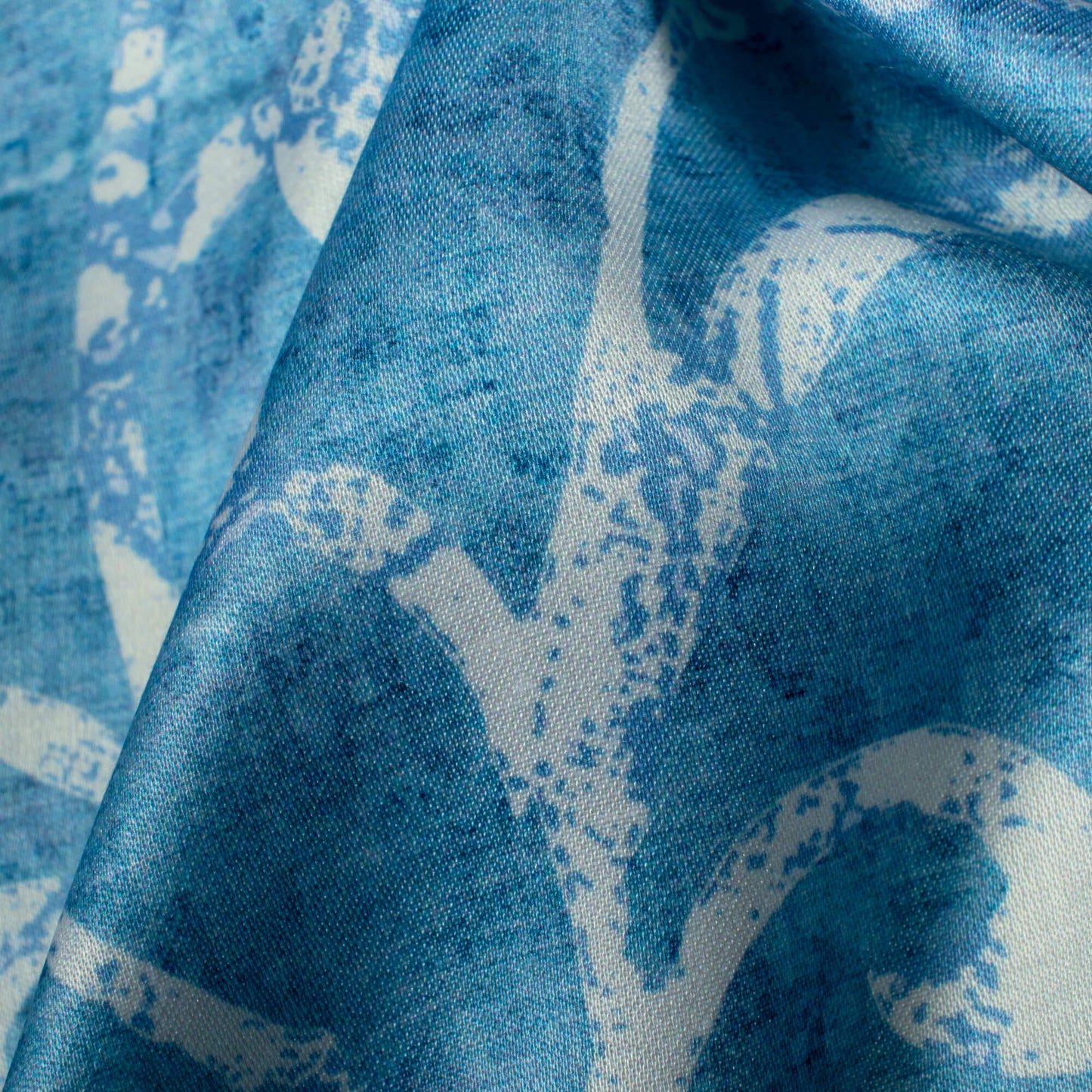 Steel Blue And White Floral Pattern Digital Print Crepe Silk Fabric