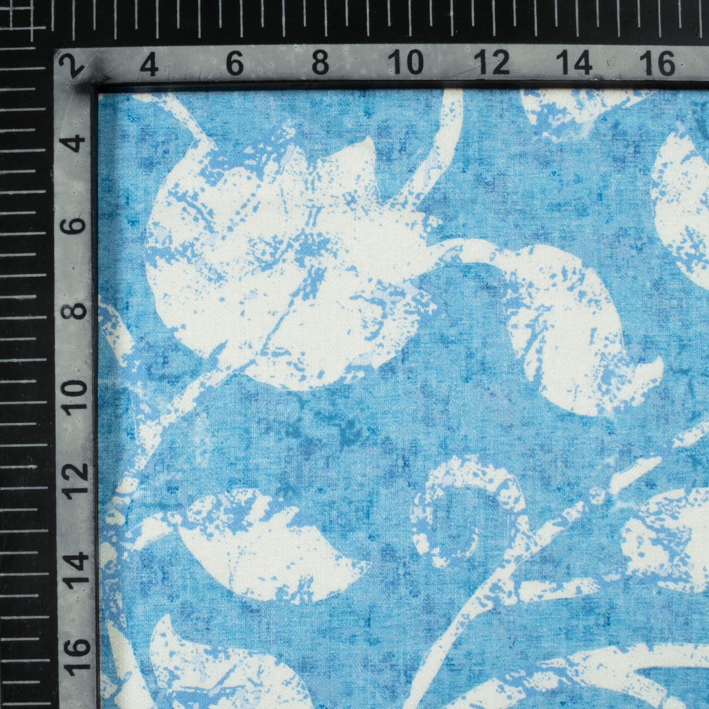 Steel Blue And White Floral Pattern Digital Print Crepe Silk Fabric