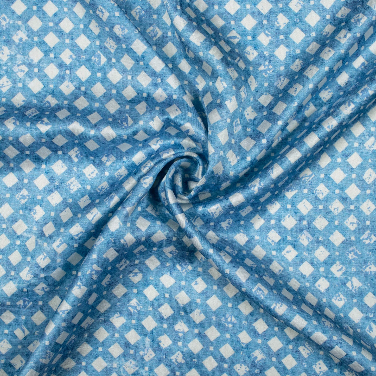 Steel Blue And White Geometric Pattern Digital Print Crepe Silk Fabric