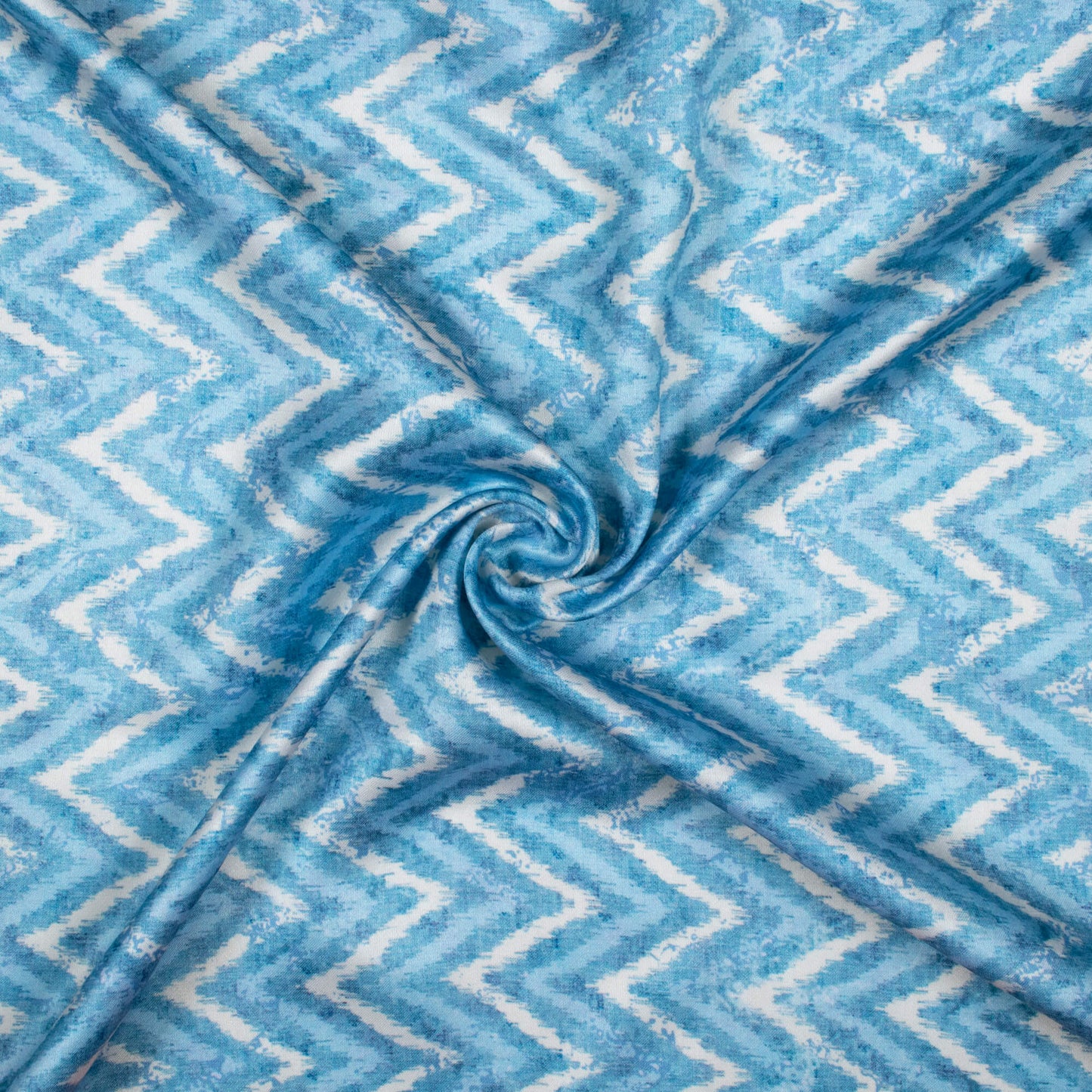 Steel Blue And White Chevron Pattern Digital Print Crepe Silk Fabric