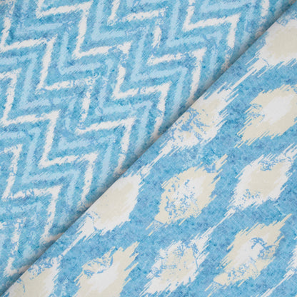 Steel Blue And White Chevron Pattern Digital Print Crepe Silk Fabric