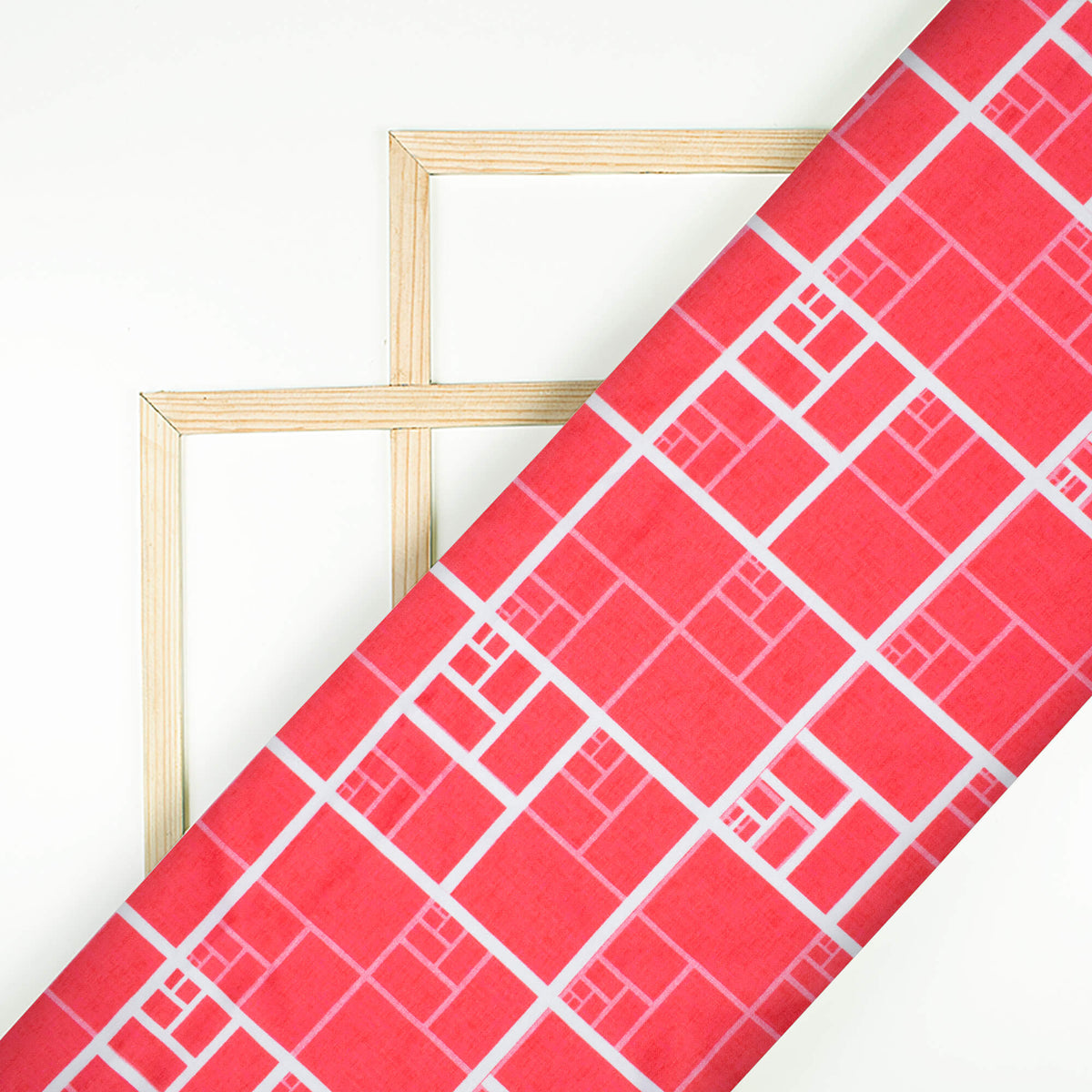 Cerise Pink And White Geometric Pattern Digital Print Crepe Silk Fabric