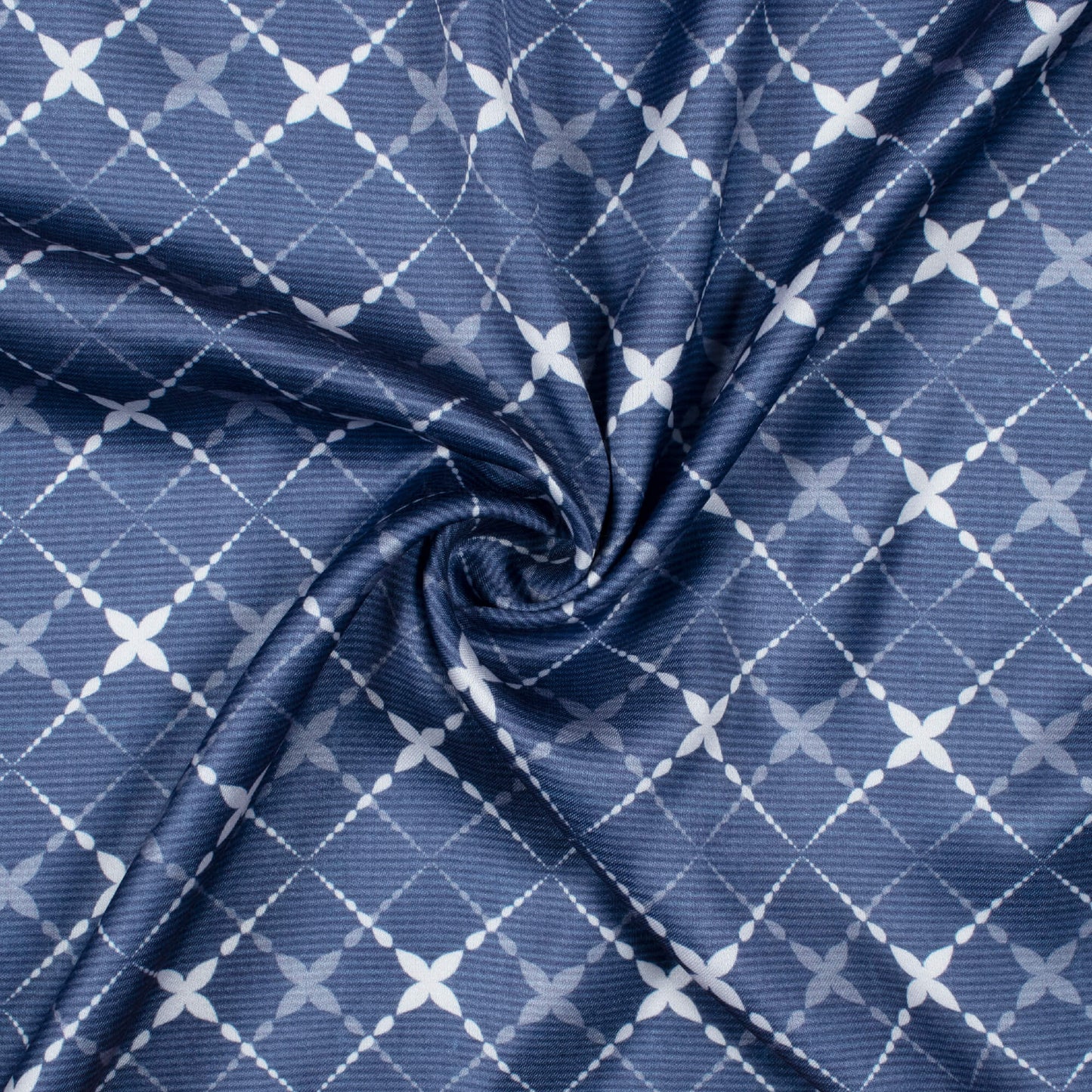 Regal Blue And White Geometric Pattern Digital Print Crepe Silk Fabric