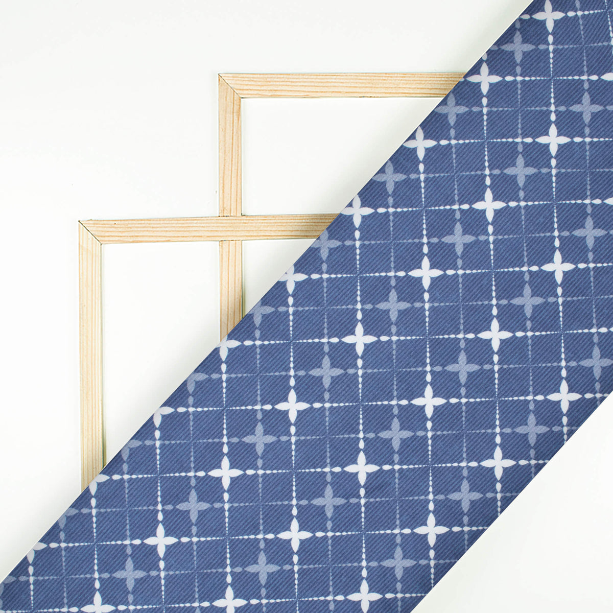 Regal Blue And White Geometric Pattern Digital Print Crepe Silk Fabric