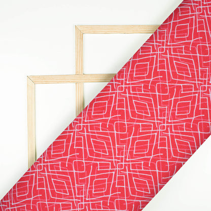 Cerise Pink And White Geometric Pattern Digital Print Crepe Silk Fabric