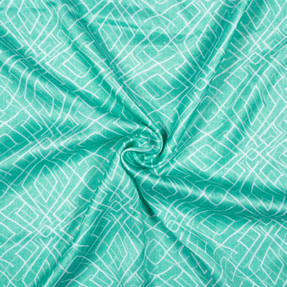 Turquoise And White Geometric Pattern Digital Print Crepe Silk Fabric