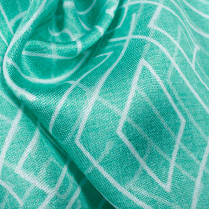 Turquoise And White Geometric Pattern Digital Print Crepe Silk Fabric
