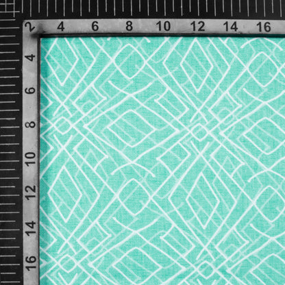 Turquoise And White Geometric Pattern Digital Print Crepe Silk Fabric