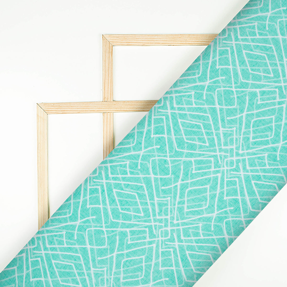 Turquoise And White Geometric Pattern Digital Print Crepe Silk Fabric