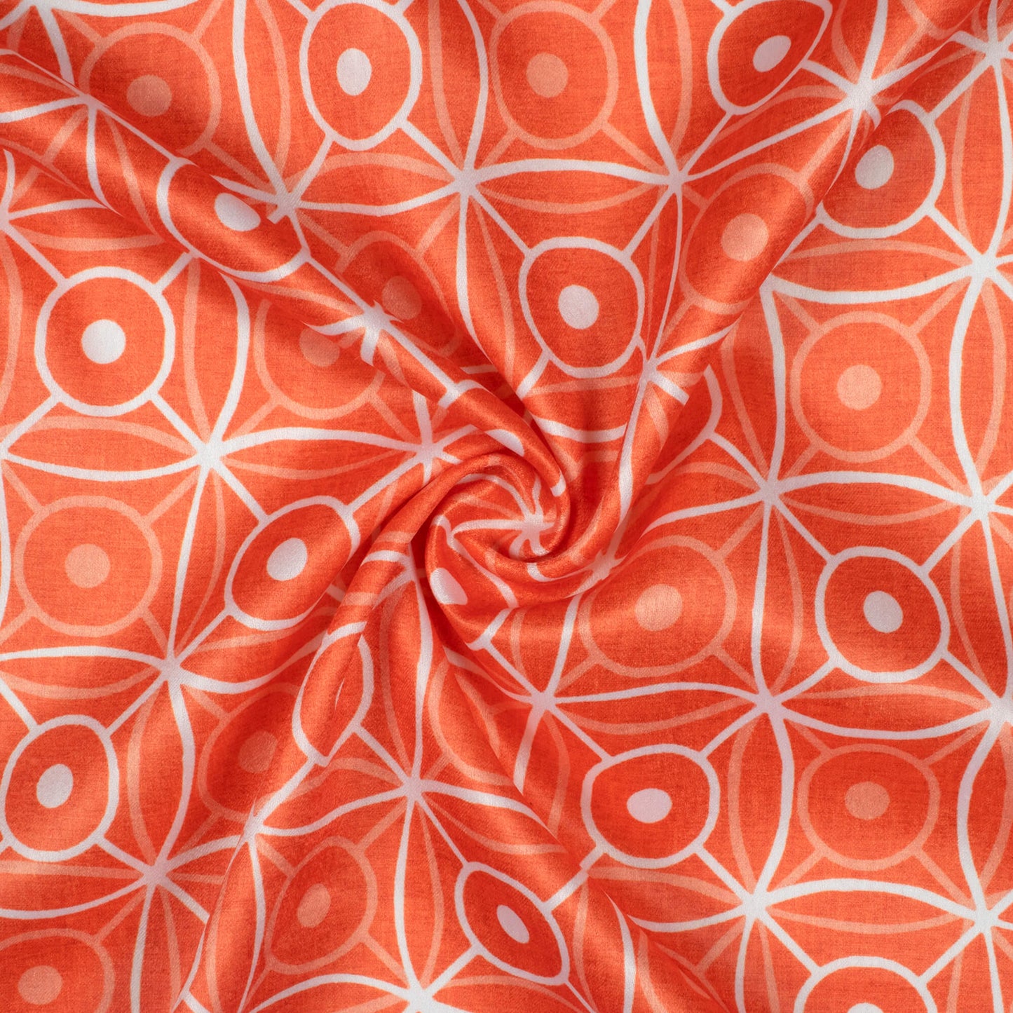 Coral Peach And White Geometric Pattern Digital Print Crepe Silk Fabric