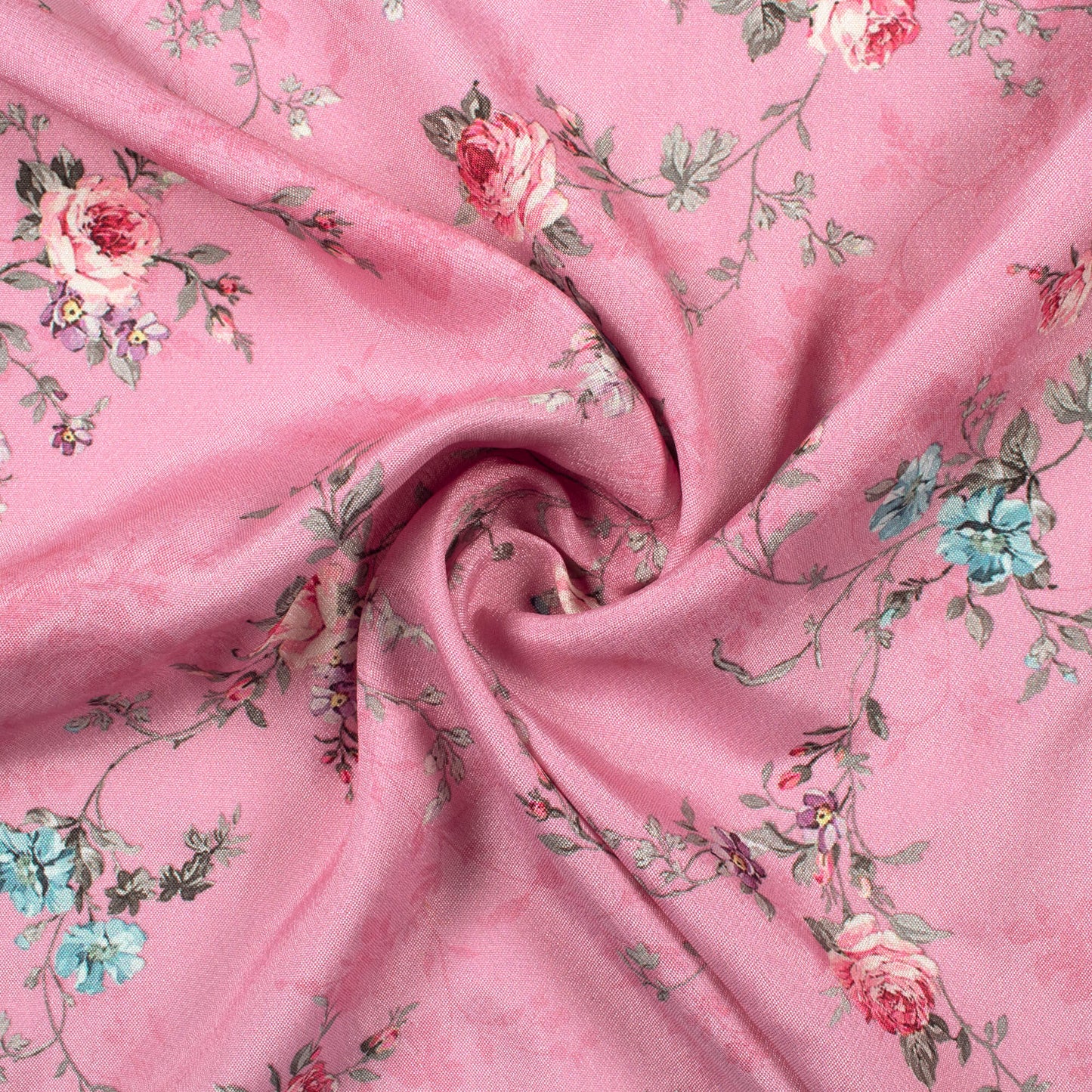 Amaranth Pink And Blue Floral Pattern Digital Print Crepe Silk Fabric